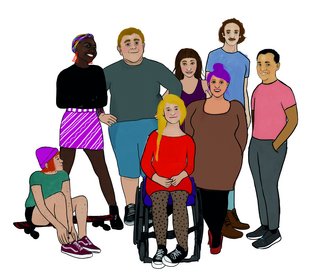 Abgebildet ist eine kleine diverse Menschengruppe aus 8 Personen mit sichtbaren und nicht-sichtbaren Behinderungen. 