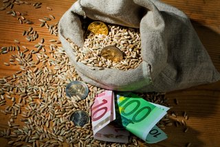 Ein Sack mit Getreidekörnern, darin liegen Münzen und zwei gefaltete Geldscheine als Symbol für die Alterssicherung der Landwirte