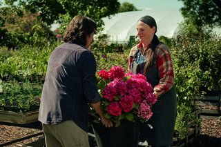 Ein Bild aus dem DRV-Werbespot "Reha hat ein Zuhause". Ein Mann und eine Frau in einer Gärtnerei tragen gemeinsam einen schweren Blumenkübel mit Hortensien.