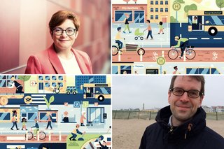 Die Collage zeigt Christine Behle, Michael Schäfer und zwei Wimmelbilder des BÜndnisses sozialverträglichen Mobilitätswende.