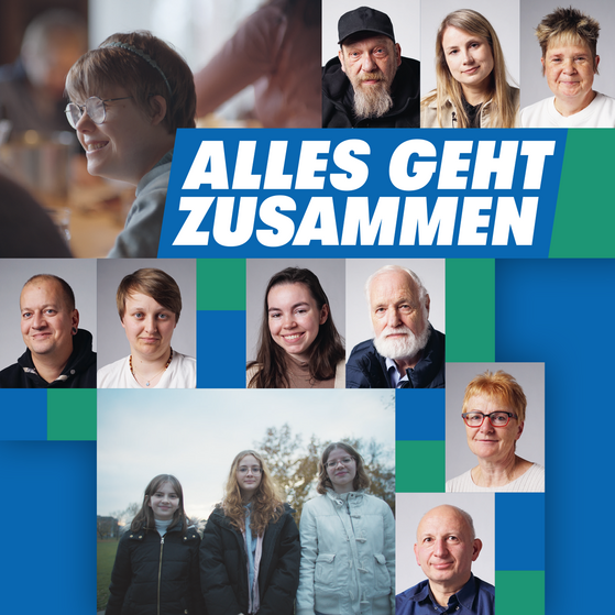 Alles geht zusammen Die Collage zeigt die Gesichter von Menschen, die im VdK ehrenamtlich aktiv sind, sowie das Logo Alles geht zusammen