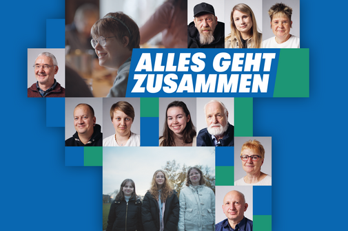 Alles geht zusammen Die Collage zeigt die Gesichter von Menschen, die im VdK ehrenamtlich aktiv sind, sowie das Logo Alles geht zusammen
