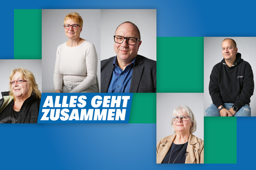 Collage VdK-Ehrenamtler Die Collage zeigt fünf Portraitfotos von Menschen, die ehrenamtlich im VdK engagiert sind, und das Logo der VdK-Aktion "Alles geht zusammen"