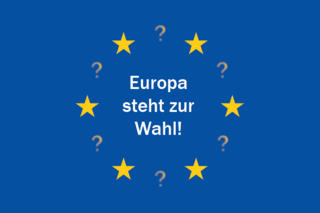 Darstellung der Flagge von Europa mit der Aufschrift "Europa steht zur Wahl!" - einige der Europasterne sind durch Fragezeichen ersetzt worden