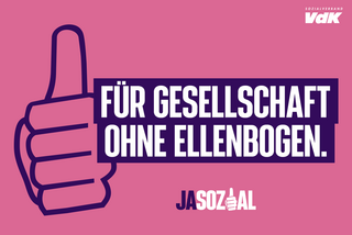 Motiv der VdK-Aktion Jasozial: Grafik in rosa und lila. Zu sehen ist eine Hand, die das "Daumen hoch"-Zeichen macht, und der Schriftzug "Für Gesellschaft ohne Ellenbogen"