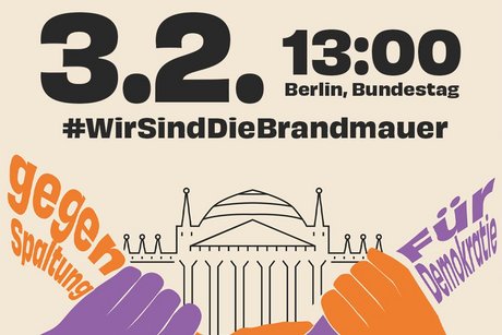 Sharepic zur Demo gegen Rechts am 3.2.2024 in Berlin, auf der Grafik sieht man Hände, die sich festhalten, und das Reichtstagsgebäude