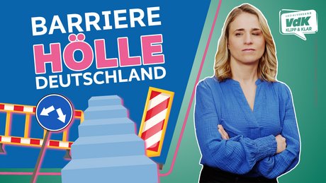 Die Grafik zeigt VdK-Präsidentin Verena Bentele, verschiedene Icons für Verkehrsschilder, Treppen und Hindernisse sowie den Text "Barrierehölle Deutschland"