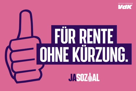 Motiv der VdK-Aktion Jasozial: Grafik in rosa und lila. Zu sehen ist eine Hand, die das "Daumen hoch"-Zeichen macht, und der Schriftzug "Für Rente ohne Kürzung"