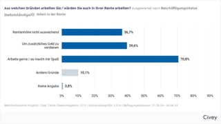 Das Balkendiagramm zeigt die Frage "Aus welchen Gründen arbeiten Sie / würden Sie auch in Ihrer Rente arbeiten?" (Auswertung der Selbstständigen): "Rentenhöhe nicht ausreichend" antworten 36,7 %; "Um zusätzliches Geld zu verdienen" antworten 39,6 %; "Arbeite gern / Es macht mir Spaß" antworten 70,8 %; "Andere Gründe" antworten 10,1 % und "Keine Angabe" machen 0,8 %.