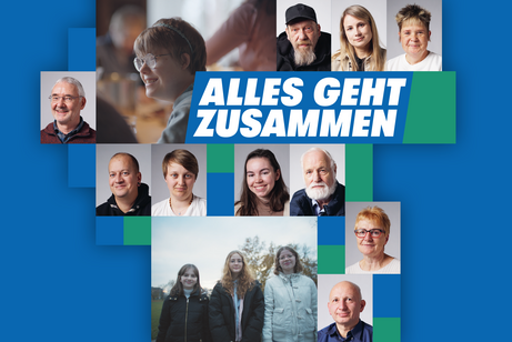 Alles geht zusammen Die Collage zeigt die Gesichter von Menschen, die im VdK ehrenamtlich aktiv sind, sowie das Logo Alles geht zusammen