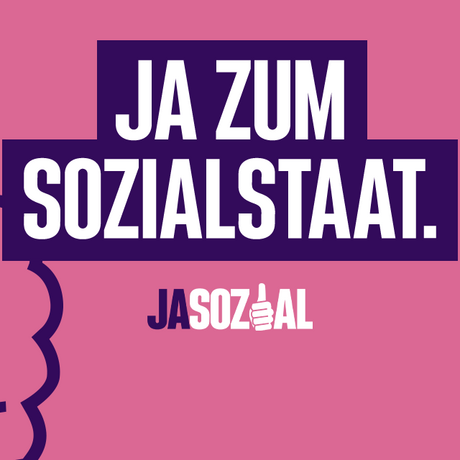 Motiv der VdK-Aktion Jasozial: Grafik in rosa und lila. Zu sehen ist eine Hand, die das "Daumen hoch"-Zeichen macht, und der Schriftzug "Ja zum Sozialstaat"