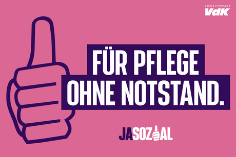 Motiv der VdK-Aktion Jasozial: Grafik in rosa und lila. Zu sehen ist eine Hand, die das "Daumen hoch"-Zeichen macht, und der Schriftzug "Für Pflege ohne Notstand"