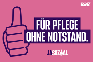 Motiv der VdK-Aktion Jasozial: Grafik in rosa und lila. Zu sehen ist eine Hand, die das "Daumen hoch"-Zeichen macht, und der Schriftzug "Für Pflege ohne Notstand"