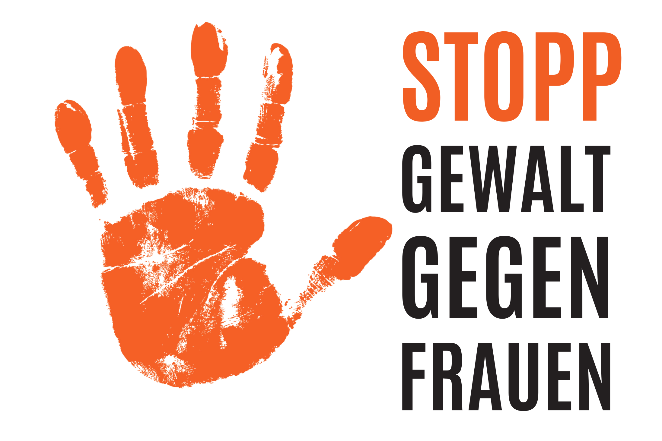 Die Grafik zeigt einen orangenen Handabdruck sowie den Text "Stopp Gewalt gegen Frauen"