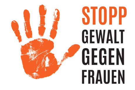 Die Grafik zeigt einen orangenen Handabdruck sowie den Text "Stopp Gewalt gegen Frauen"