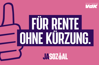 Motiv der VdK-Aktion Jasozial: Grafik in rosa und lila. Zu sehen ist eine Hand, die das "Daumen hoch"-Zeichen macht, und der Schriftzug "Für Rente ohne Kürzung"