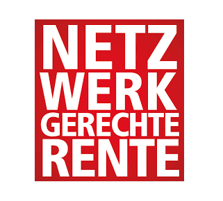 Logo: Schriftzug "Netzwerk Gerechte Rente" in weißen Großbuchstaben auf rotem Grund. 